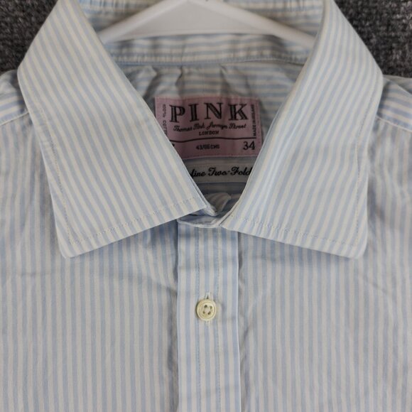 Thomas Pink Long Sleeve Button Up Cotton Ireland Blue Striped Superfine 17 34 - Picture 8 of 16